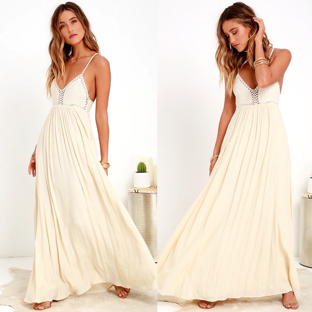 Lulus Hippie Hippie Chic Cream Maci Dress Boho Crocheted Bodice Crochet